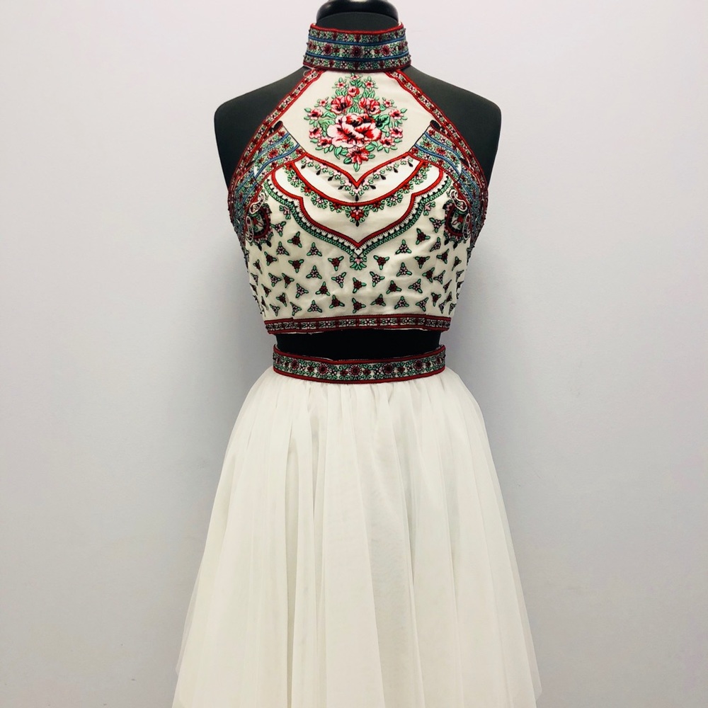 Sherri Hill Ivory and Red Embroidered Gown